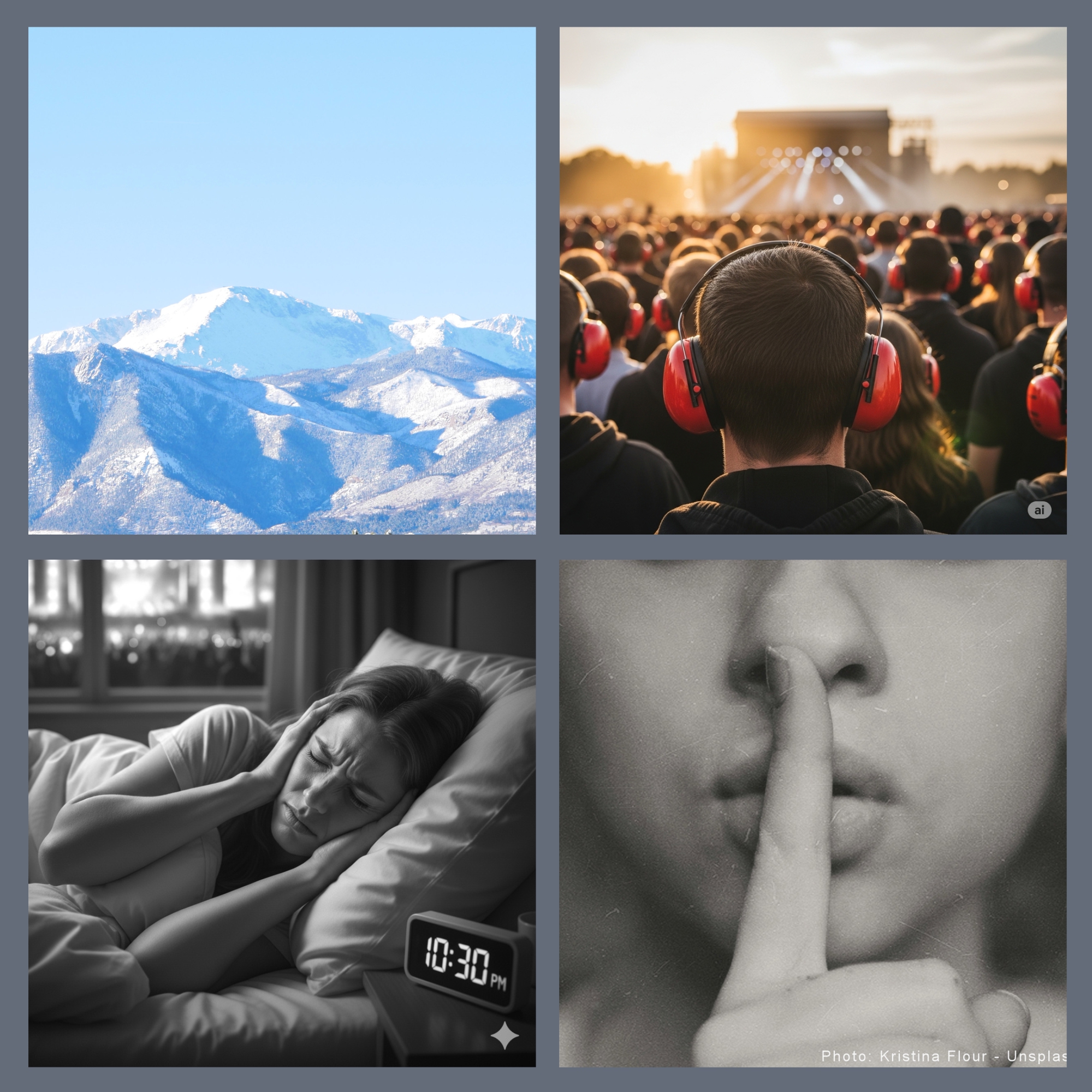 image shows four pictures of people with hands over their ears being disturbed by loud noise