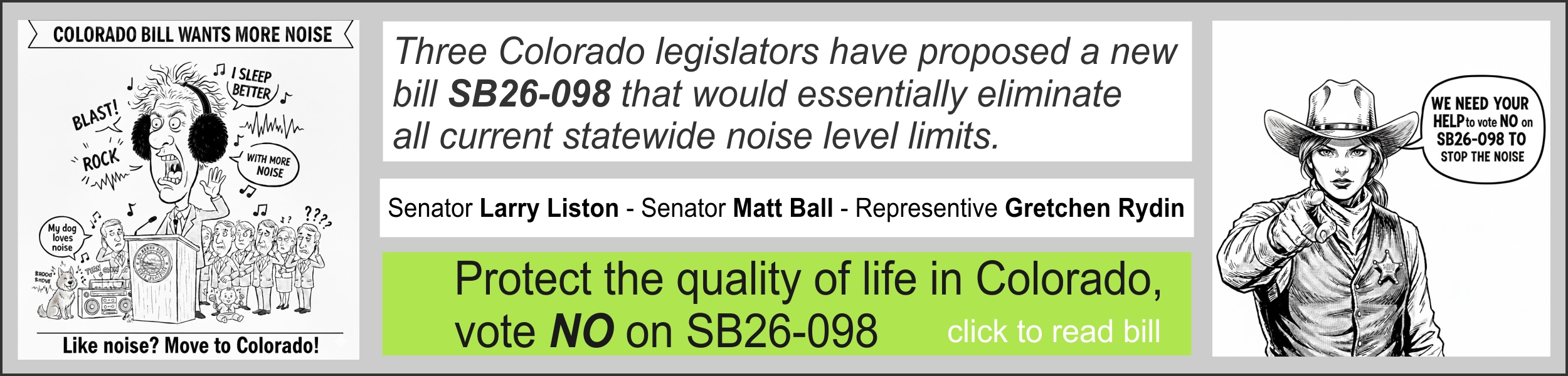 Call to vote against Colorado bill SB26-098 that would allow unmitigated noise in the state of Colorado
